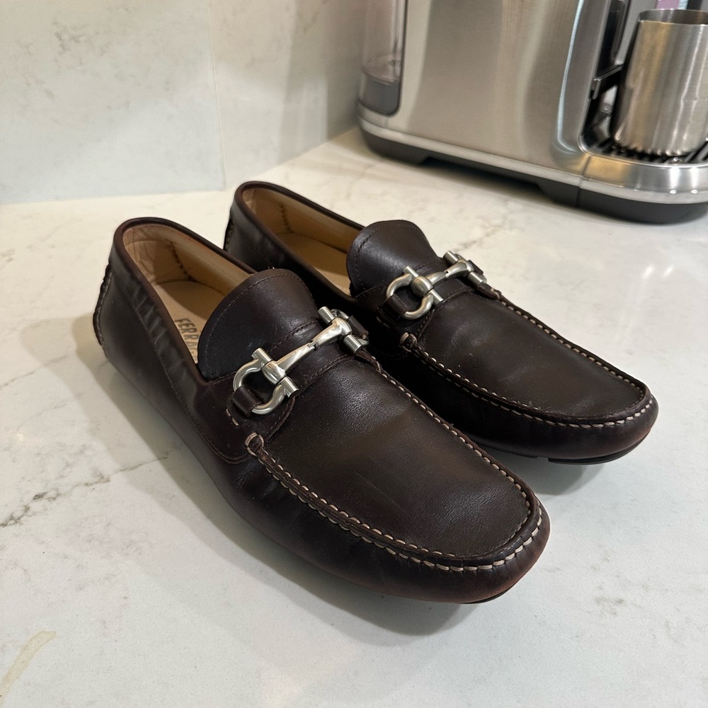 Salvatore Ferragamo Brown Leather Loafers with Horsebit Hardware - 9 1/2
